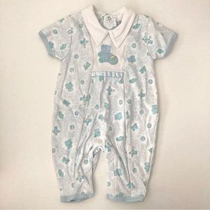 3/$20 My Stars Blue White Embroidered Bear Toys Print Collared Romper Outfit